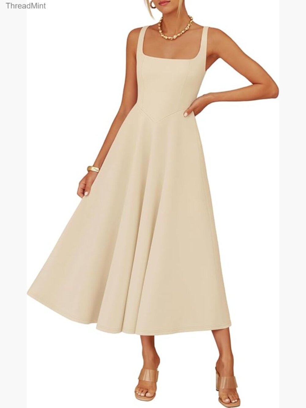Sleeveless Square Neck Midi Dress with Pockets Flowy A-Line Summer